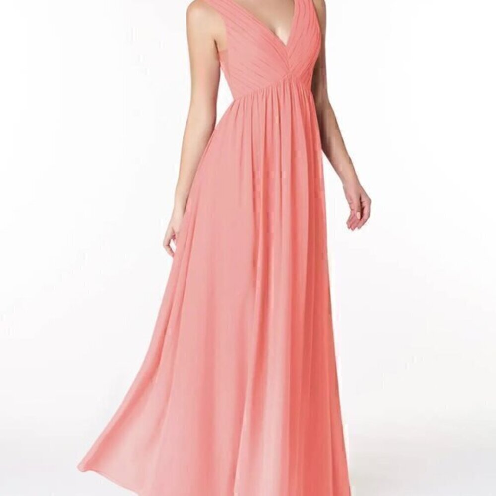 Azazie Ranvie Coral Flowy V-Neck Pleated Chiffon Dress